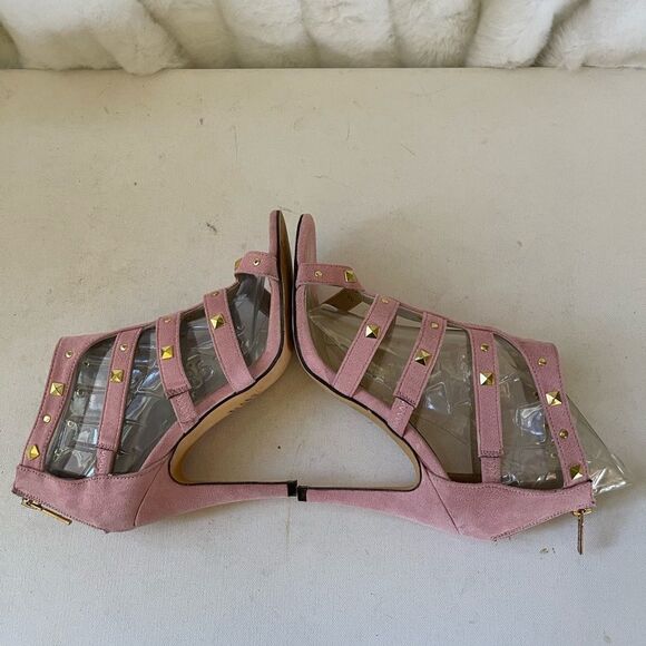 Michael Antonio light pink faux suede gladiator heels with gold tone studs SZ8 - Picture 8 of 13